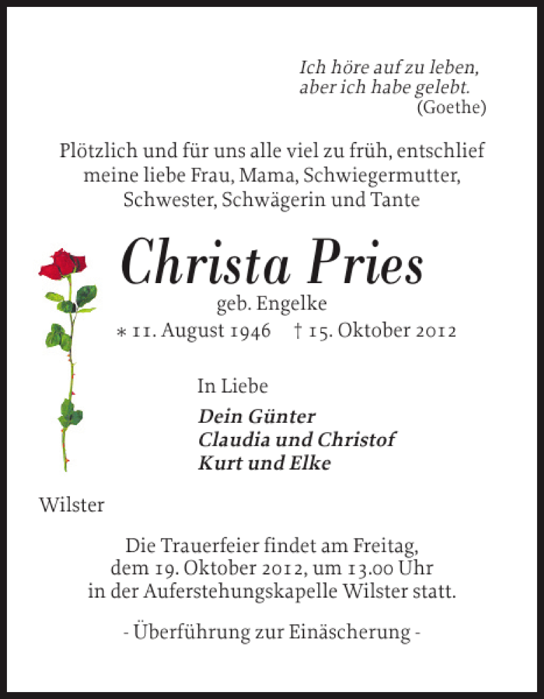  Traueranzeige für Christa Pries vom 17.10.2012 aus Norddeutsche Rundschau