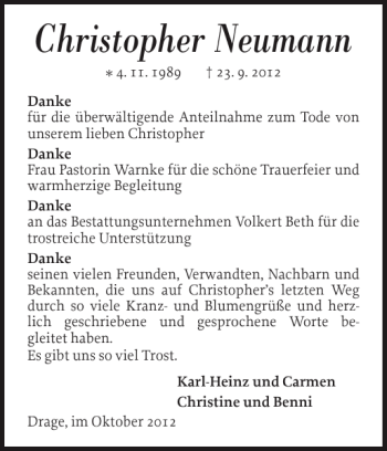 Traueranzeige von Christopher Neumann von Norddeutsche Rundschau