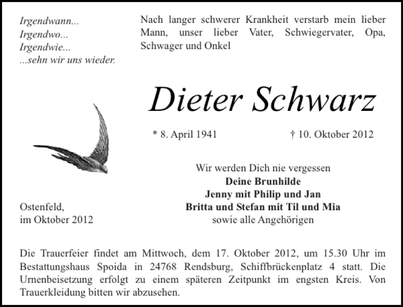  Traueranzeige für Dieter Schwarz vom 15.10.2012 aus Landeszeitung