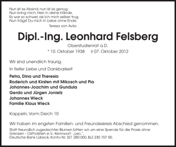 Traueranzeige von Dipl.-Ing. Leonhard Felsberg von Schlei-Bote