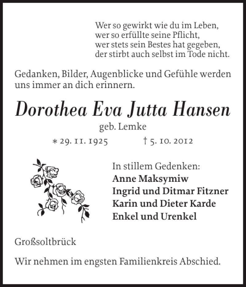  Traueranzeige für Dorothea Eva Jutta Hansen vom 09.10.2012 aus Flensburger Tageblatt