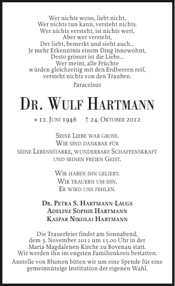  Traueranzeige für Dr. Wulf Hartmann vom 31.10.2012 aus Landeszeitung