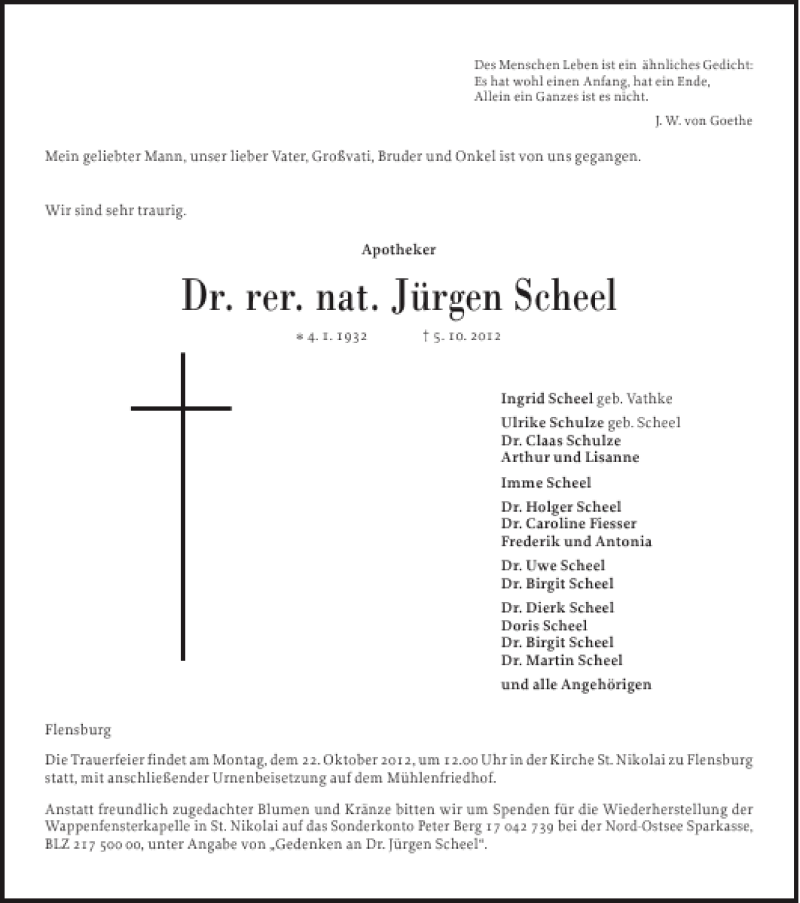 Traueranzeige für Dr. rer. nat. Jürgen Scheel vom 13.10.2012 aus Flensburger Tageblatt