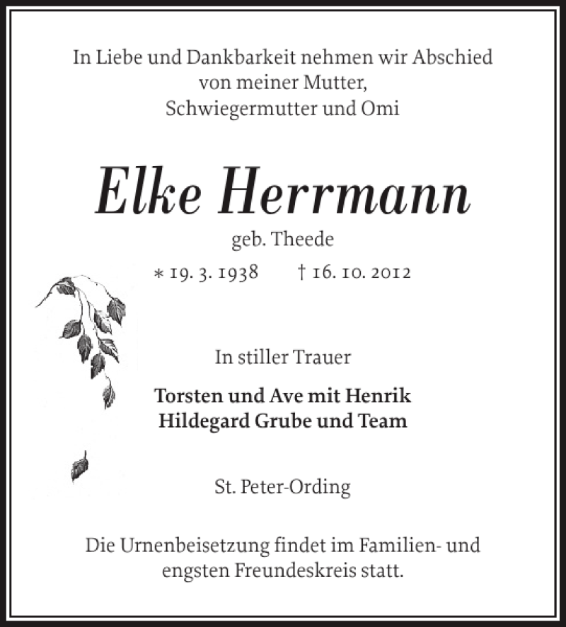  Traueranzeige für Elke Herrmann vom 19.10.2012 aus Husumer Nachrichten