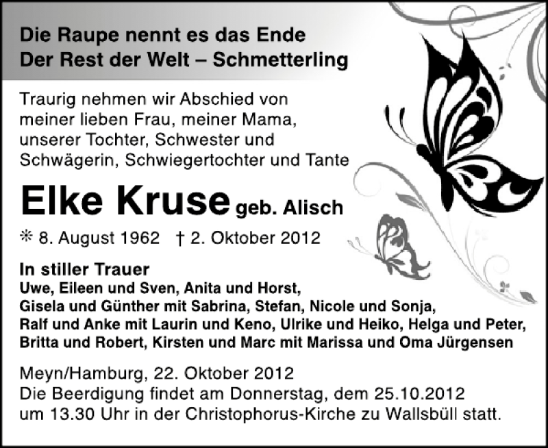  Traueranzeige für Elke Kruse vom 23.10.2012 aus Flensburger Tageblatt