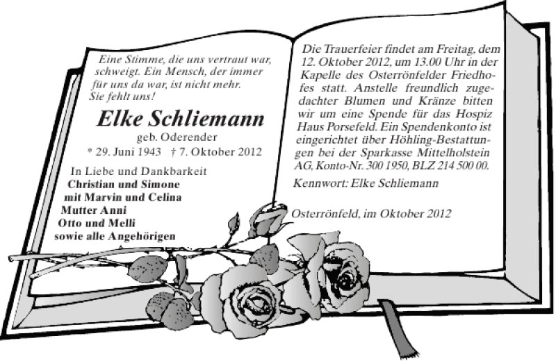  Traueranzeige für Elke Schliemann vom 11.10.2012 aus Landeszeitung