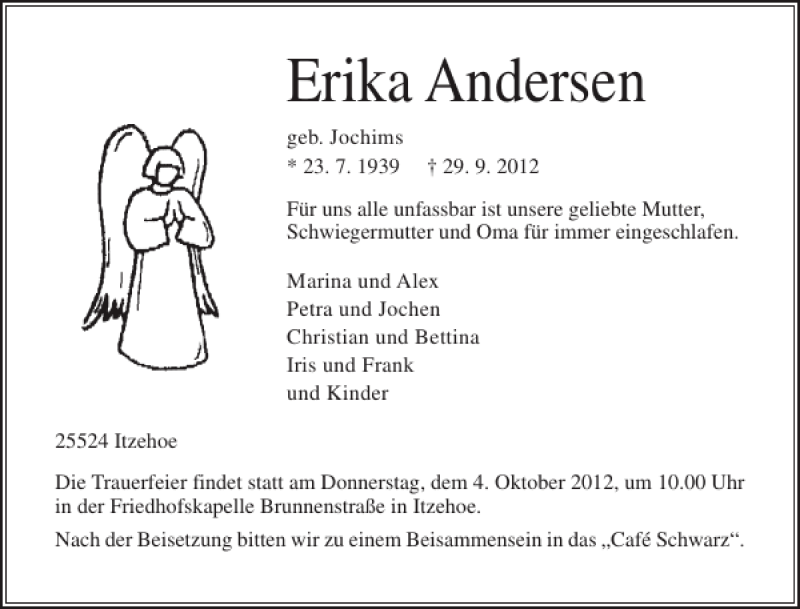  Traueranzeige für Erika Andersen vom 02.10.2012 aus Norddeutsche Rundschau