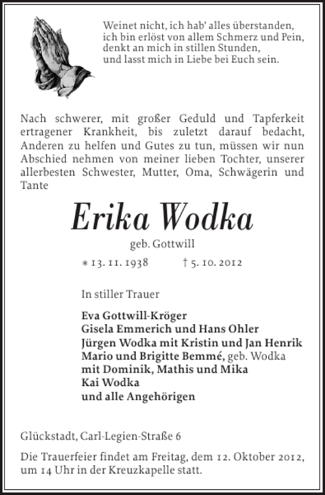  Traueranzeige für Erika Wodka vom 08.10.2012 aus Norddeutsche Rundschau