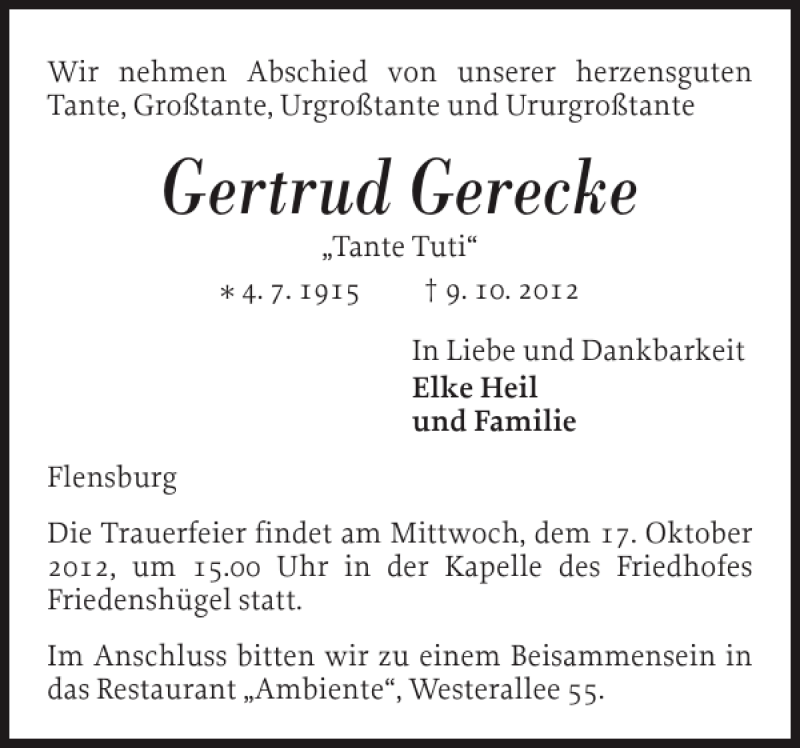  Traueranzeige für Gertrud Gerecke vom 12.10.2012 aus Flensburger Tageblatt