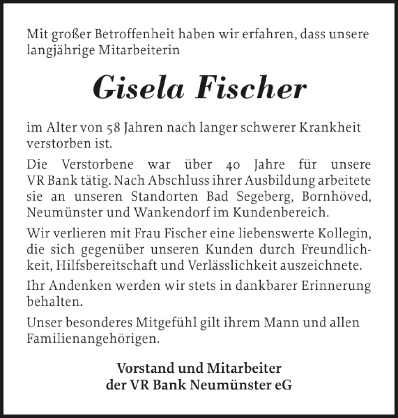  Traueranzeige für Gisela Fischer vom 24.10.2012 aus Holsteinischer Courier