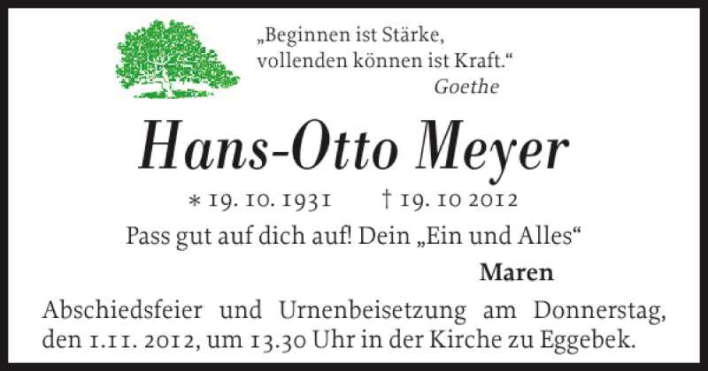  Traueranzeige für Hans-Otto Meyer vom 25.10.2012 aus Flensburger Tageblatt