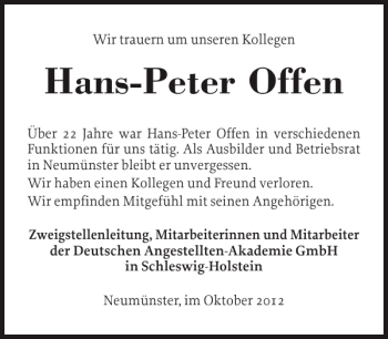 Traueranzeige von Hans-Peter Offen von Holsteinischer Courier