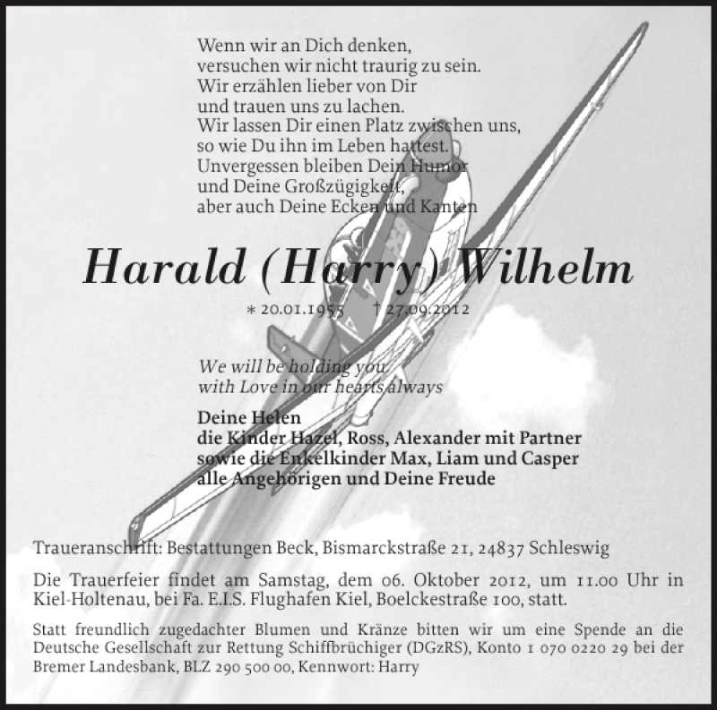  Traueranzeige für Harald Harry Wilhelm vom 04.10.2012 aus Schleswiger Nachrichten