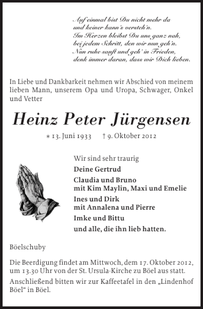  Traueranzeige für Heinz Peter Jürgensen vom 12.10.2012 aus Flensburger Tageblatt