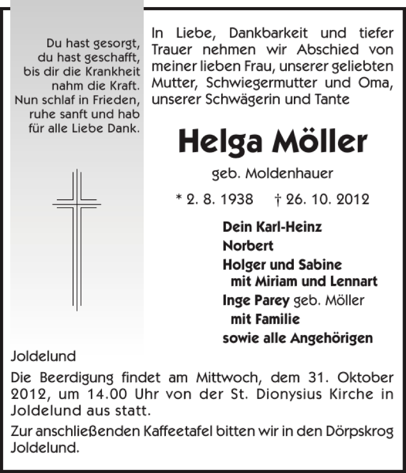  Traueranzeige für Helga Möller vom 29.10.2012 aus Husumer Nachrichten