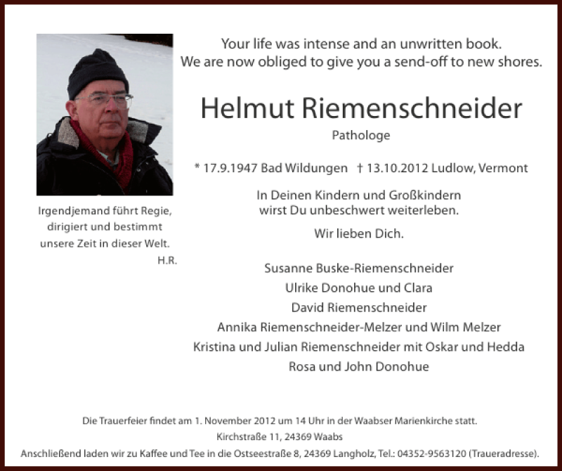  Traueranzeige für Helmut Riemenschneider vom 27.10.2012 aus Eckernförder Zeitung