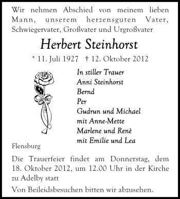 Traueranzeige von Herbert Steinhorst von Flensburger Tageblatt
