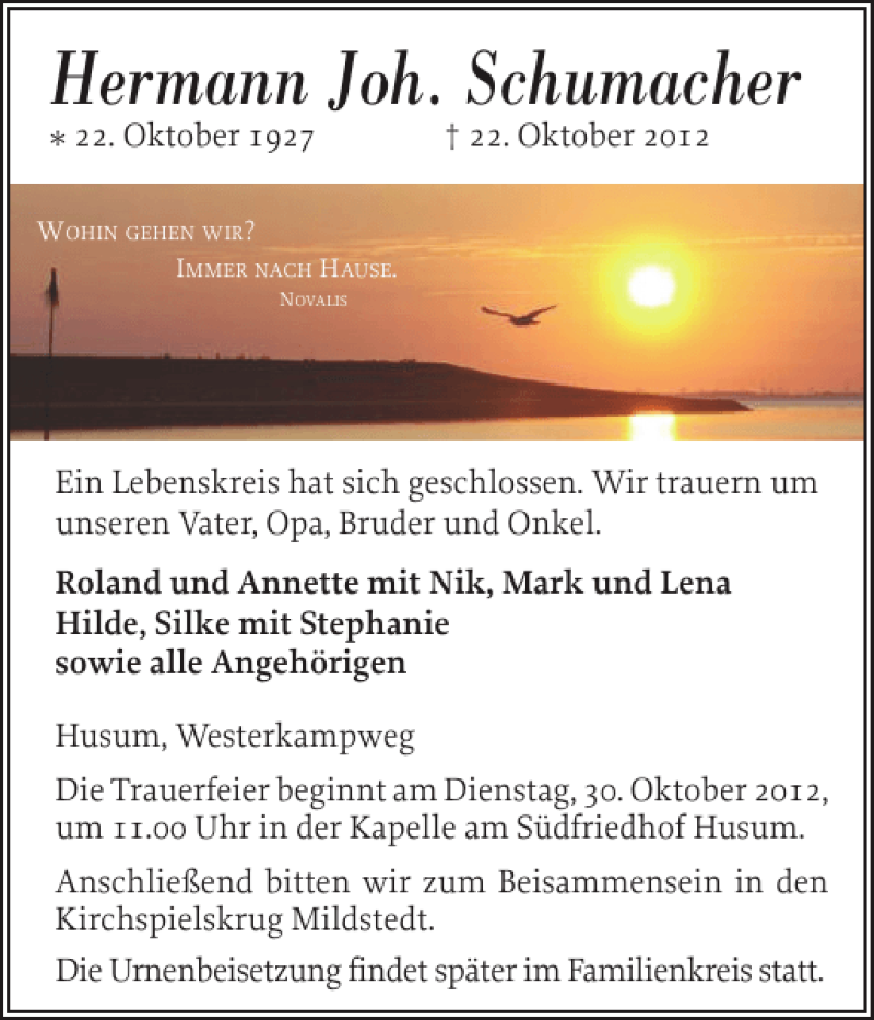 Traueranzeige für Hermann Joh. Schumacher vom 27.10.2012 aus Flensburger Tageblatt