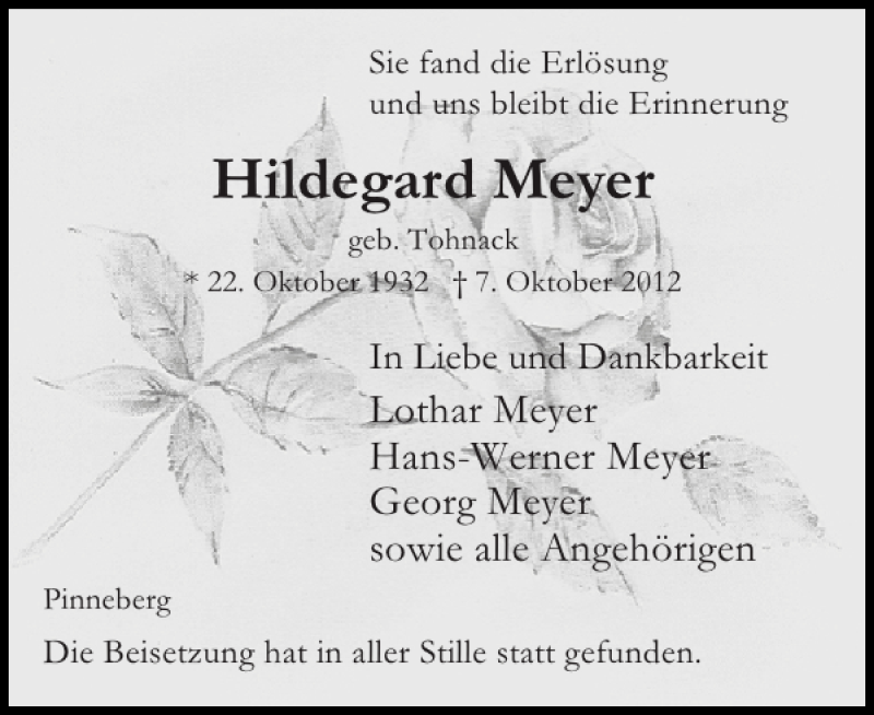  Traueranzeige für Hildegard Meyer vom 13.10.2012 aus Pinneberger Tageblatt