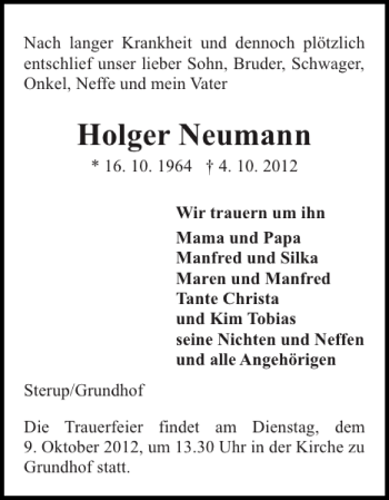 Traueranzeige von Holger Neumann von Flensburger Tageblatt