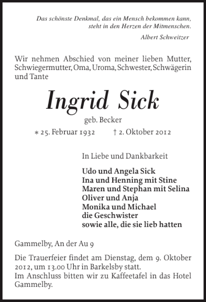  Traueranzeige für Ingrid Sick vom 06.10.2012 aus Eckernförder Zeitung