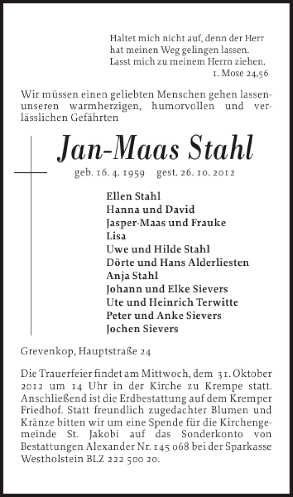  Traueranzeige für Jan-Maas Stahl vom 29.10.2012 aus Norddeutsche Rundschau