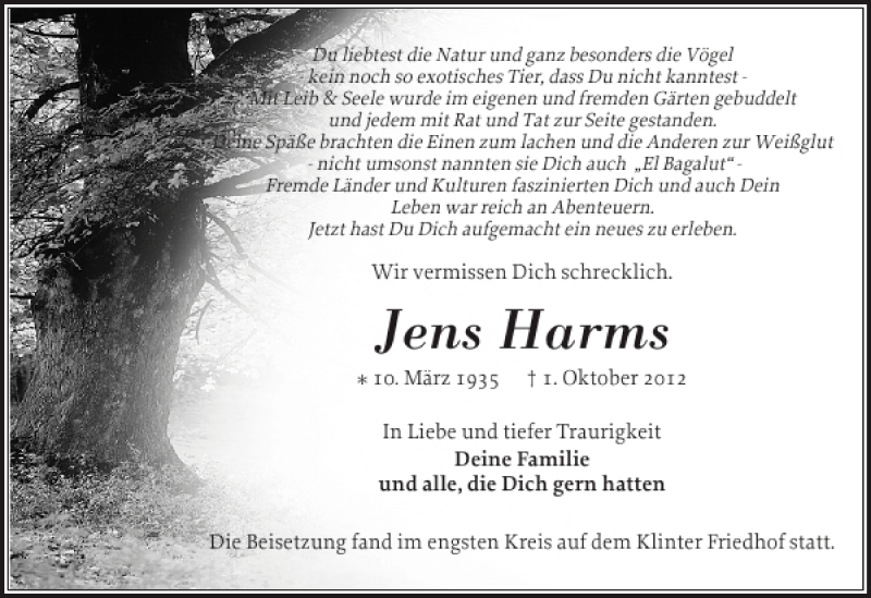  Traueranzeige für Jens Harms vom 13.10.2012 aus Landeszeitung
