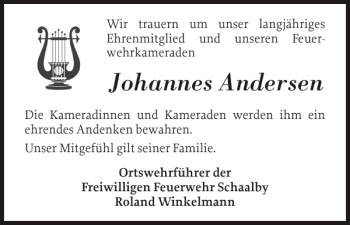 Traueranzeige von Johannes Andersen von Schleswiger Nachrichten
