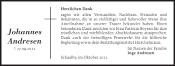 Traueranzeige von Johannes Andresen von Schleswiger Nachrichten