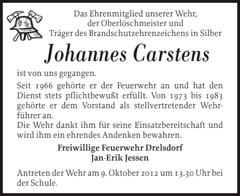  Traueranzeige für Johannes Carstens vom 06.10.2012 aus Husumer Nachrichten