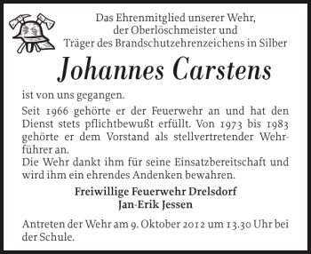 Traueranzeige von Johannes Carstens von Husumer Nachrichten