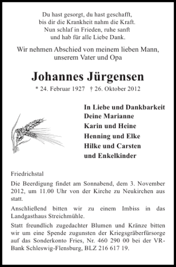 Traueranzeige von Johannes Jürgensen von Flensburger Tageblatt