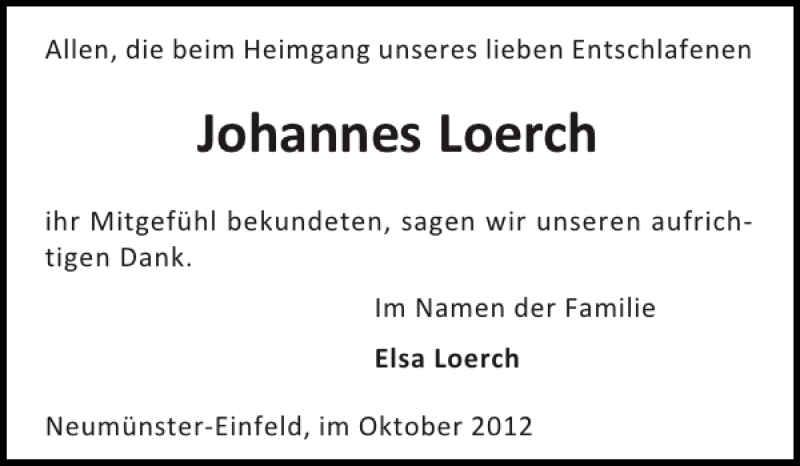  Traueranzeige für Johannes Loerch vom 06.10.2012 aus Holsteinischer Courier