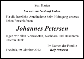 Traueranzeige von Johannes Petersen von Landeszeitung