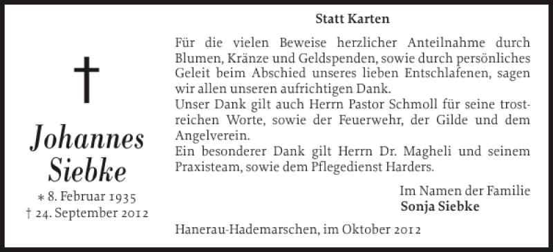  Traueranzeige für Johannes Siebke vom 26.10.2012 aus Landeszeitung