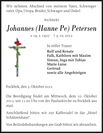 Traueranzeige von Johannes Hanne Pe Petersen von Landeszeitung