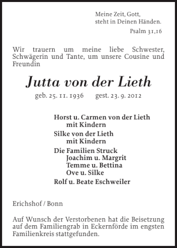 Traueranzeige von Jutta von der Lieth von Eckernförder Zeitung