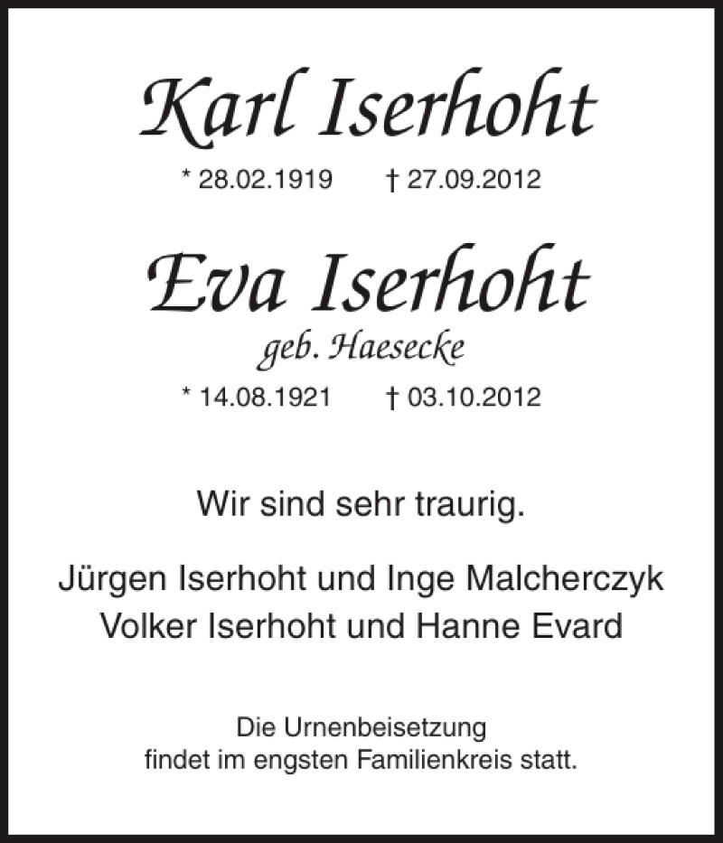  Traueranzeige für Karl Iserhoht Eva Iserhoht vom 06.10.2012 aus Ostholsteiner Anzeiger