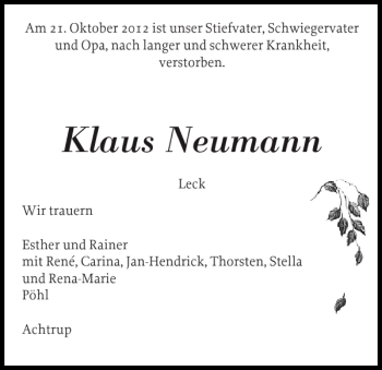 Traueranzeige von Klaus Neumann von Nordfriesland Tageblatt