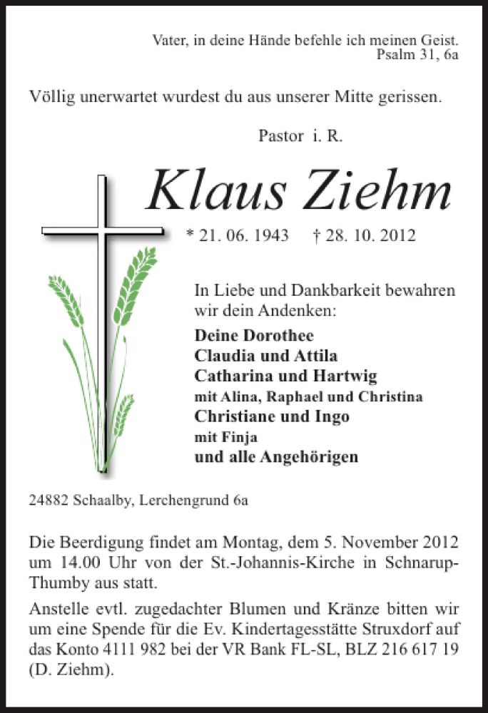  Traueranzeige für Klaus Ziehm vom 31.10.2012 aus Flensburger Tageblatt