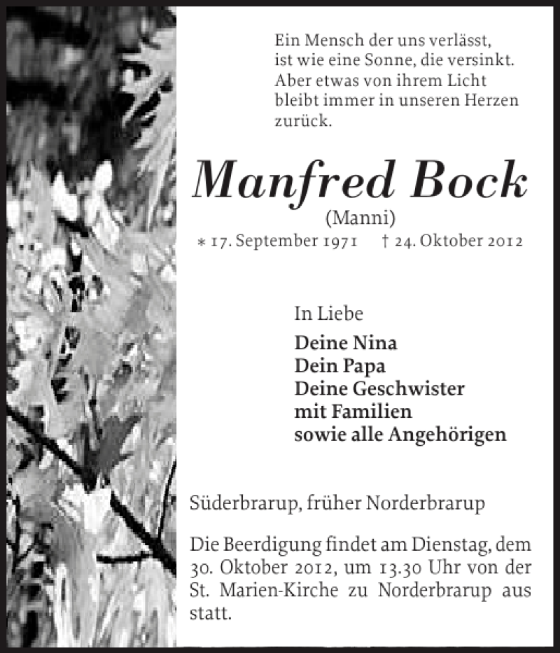  Traueranzeige für Manfred Bock vom 27.10.2012 aus Schleswiger Nachrichten