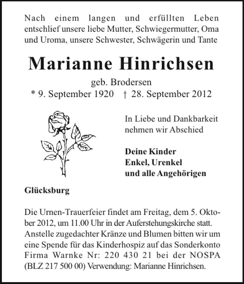  Traueranzeige für Marianne Hinrichsen vom 02.10.2012 aus Flensburger Tageblatt