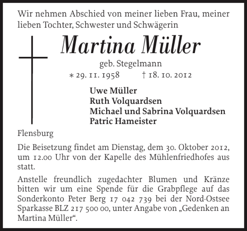  Traueranzeige für Martina Müller vom 27.10.2012 aus Flensburger Tageblatt