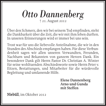 Traueranzeige von Otto Dannenberg von Nordfriesland Tageblatt