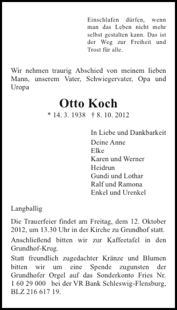 Traueranzeige für Otto Koch vom 10.10.2012 aus Flensburger Tageblatt