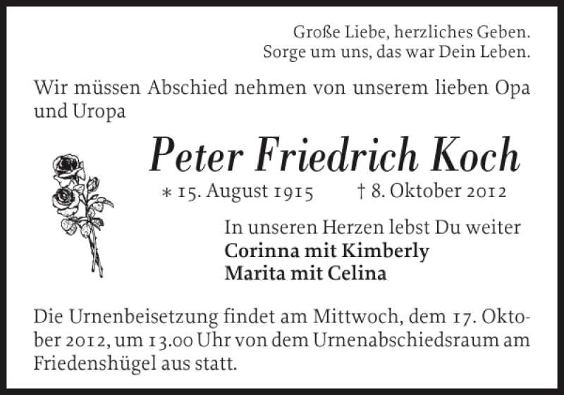  Traueranzeige für Peter Friedrich Koch vom 13.10.2012 aus Flensburger Tageblatt