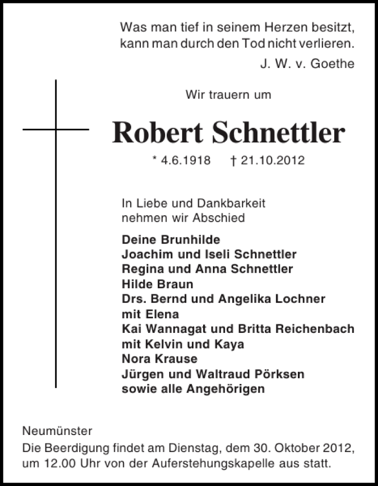  Traueranzeige für Robert Schnettler vom 27.10.2012 aus Holsteinischer Courier