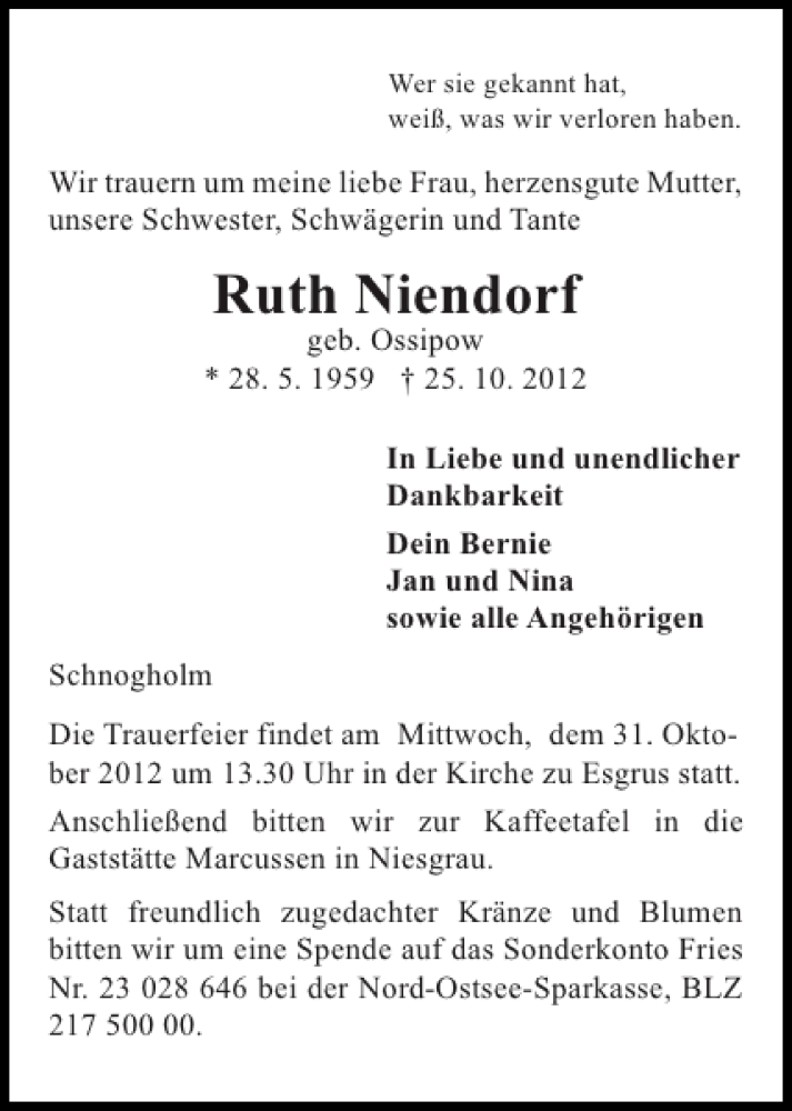  Traueranzeige für Ruth Niendorf vom 27.10.2012 aus Flensburger Tageblatt