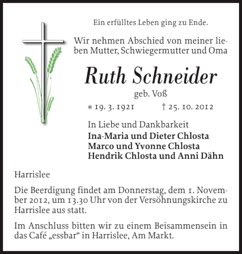  Traueranzeige für Ruth Schneider vom 27.10.2012 aus Flensburger Tageblatt