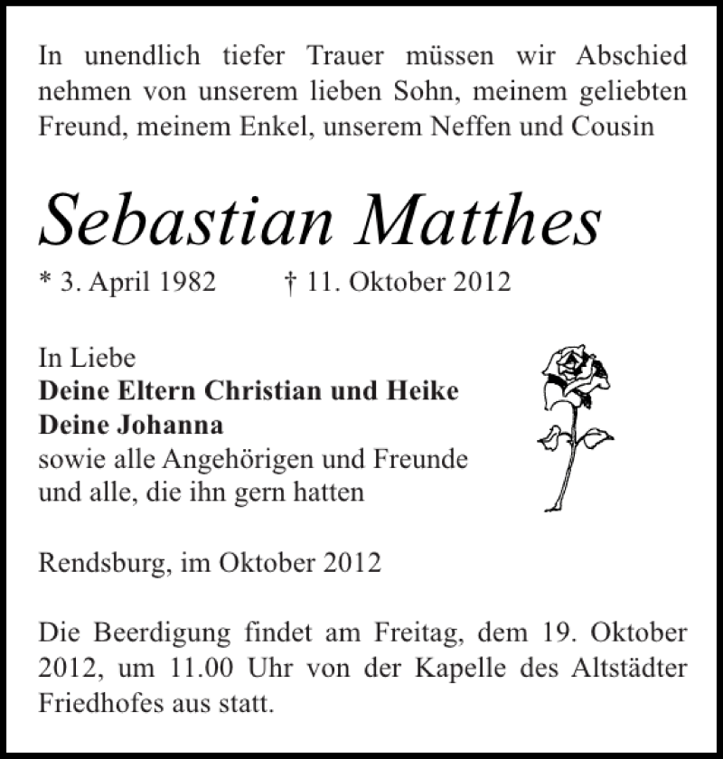  Traueranzeige für Sebastian Matthes vom 17.10.2012 aus Landeszeitung